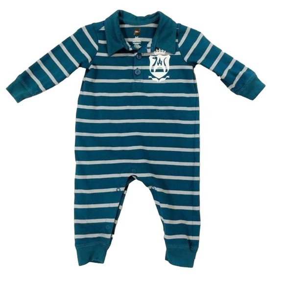 Tea Collection 3-6 Months Romper Green Dragon Rugby Stripes - Picture 1 of 3